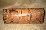 Cognac Python Snakeskin Clutch Purse Magnetic Closure (9" x 5" x 3") w/ Leopard Print Pigskin Lining & Hand Cut Doeskin Leather Braiding (Back View)