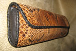 Cognac Python Snakeskin Clutch Purse Magnetic Closure (9" x 5" x 3") w/ Leopard Print Pigskin Lining & Hand Cut Doeskin Leather Braiding (Oblique View)