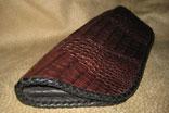 Handmade Chocolate Caiman Alligator Clutch Purse Magnetic Closure (11" x 4" x 3") w/ Black Doeskin Lining & Hand Cut Doeskin Leather Braiding (Side View)