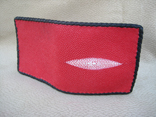 Handmade Red Stingray Bi-Fold Wallet With ID Window w/Black Kangaroo Lining And Pockets.  Black Doe Kid Hand Braided Edge Finish.