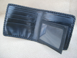Handmade Red Stingray Bi-Fold Wallet With ID Window w/Black Kangaroo Lining And Pockets.  Black Doe Kid Hand Braided Edge Finish. (Inside View)