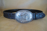 Handmade Black Crocodile Backstrap 1.5" Belt w/ Custom Made Engraved "MANG" Sterling Silver Trophy Buckle