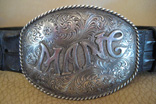 Handmade Black Crocodile Backstrap 1.5" Belt w/ Custom Made Engraved "MANG" Sterling Silver Trophy Buckle (Detail)