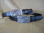 Black And Chocolate Spanish Calf 1-1/4" Strap Belts & Sterling Silver Hand Engraved Whale Buckles w/ Overlayed Whales And 10k Gold Eyes