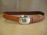 Handmade Cognac Ostrich Radius Belt.  1.5" Width.  Sterling Silver Concha Buckle With Turquoise Cabachon Inlay.