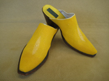 Handmade Yellow Stingray Mules.  Hand Stacked Leather 2.5” Heel w/Dark Finish.